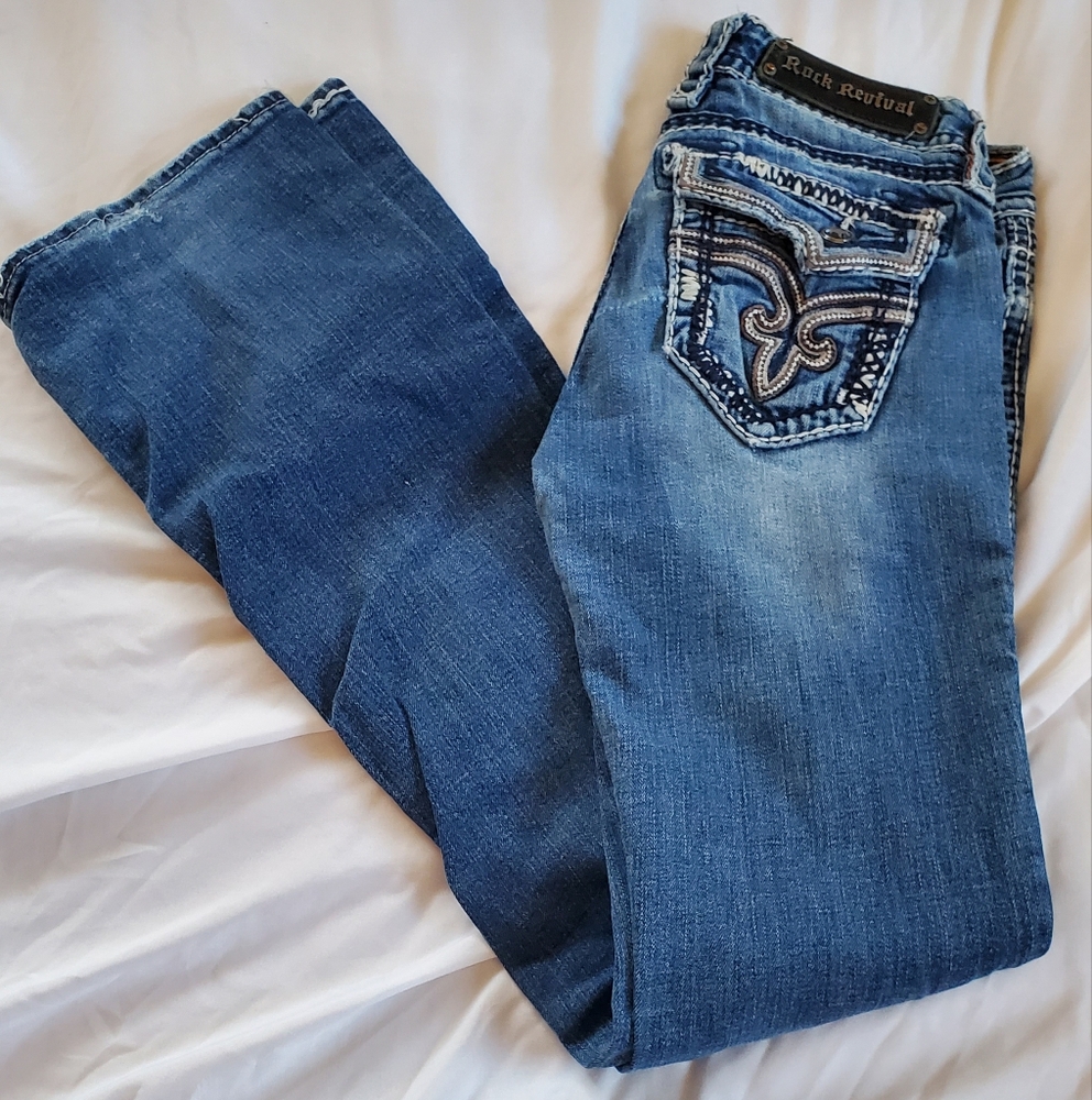 Rock Revival Kai Women's Low Rise Distressed Boot Cut Jeans, Sz 26